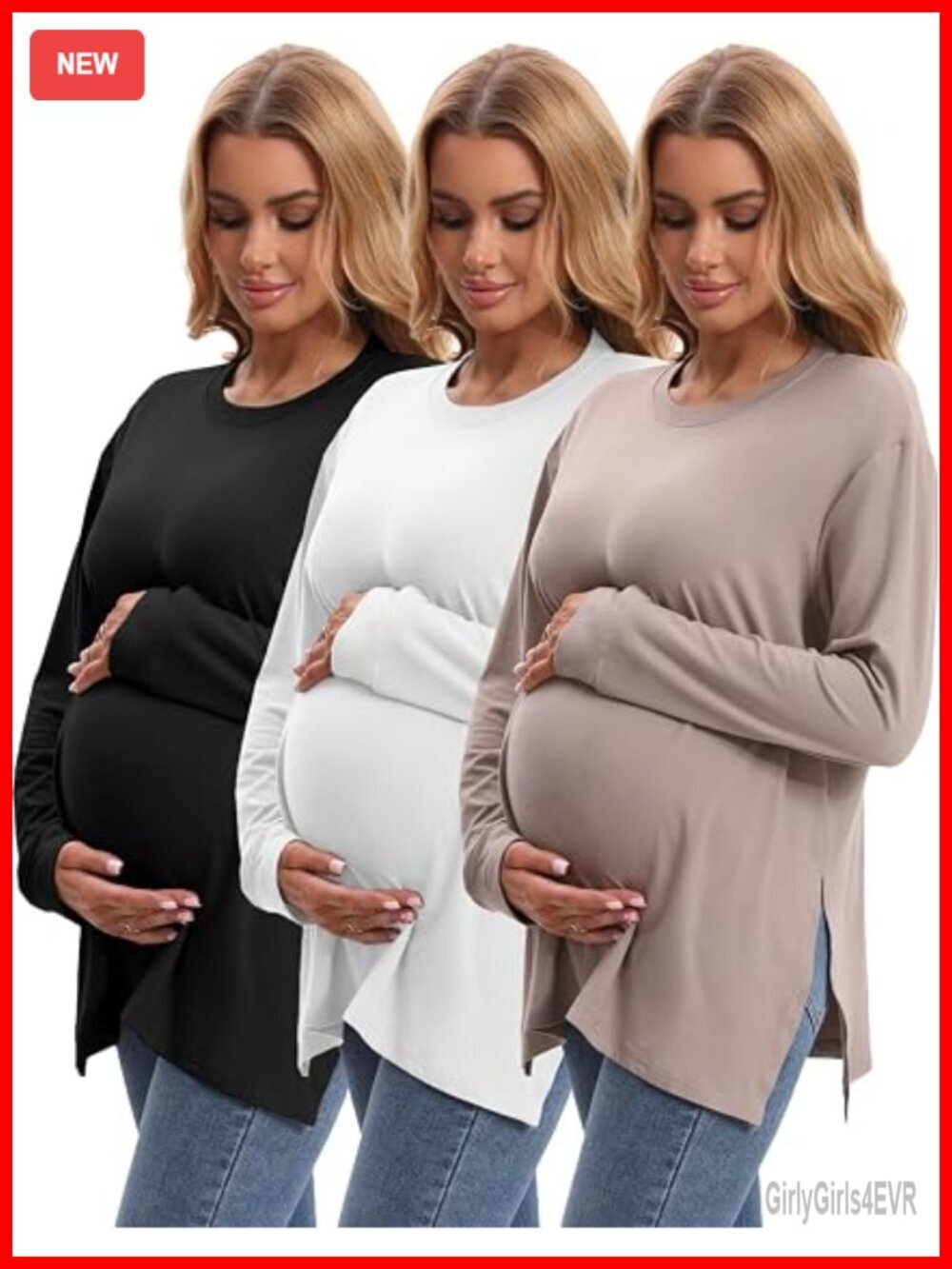 Maternity Crew Neck Long Sleeve Side Slit Yoga Activewear Loose Fit Top